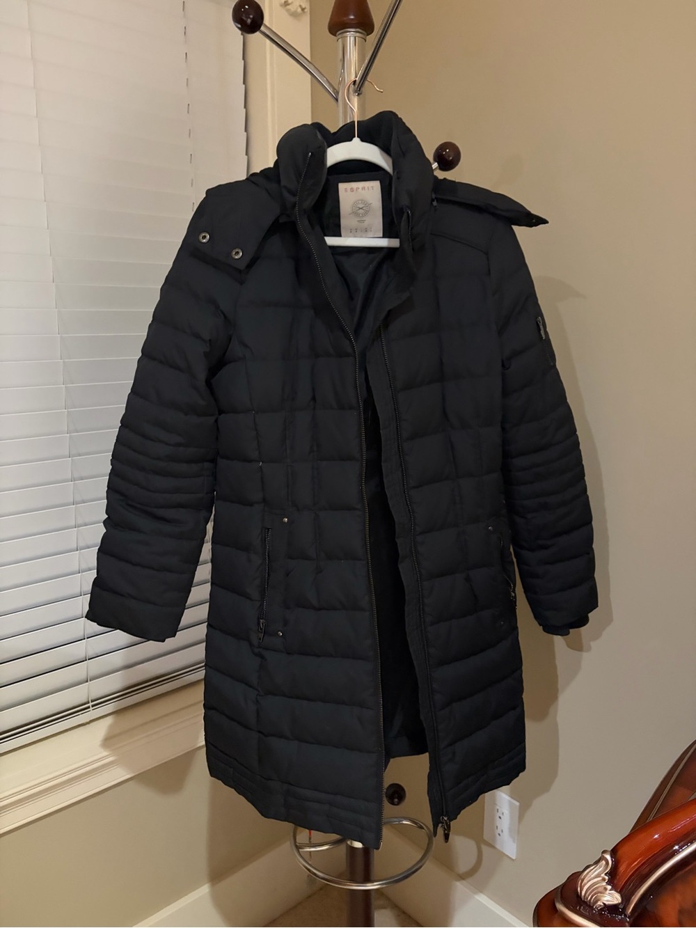 Esprit Black Quilted Long Puffer Coat with High Collar